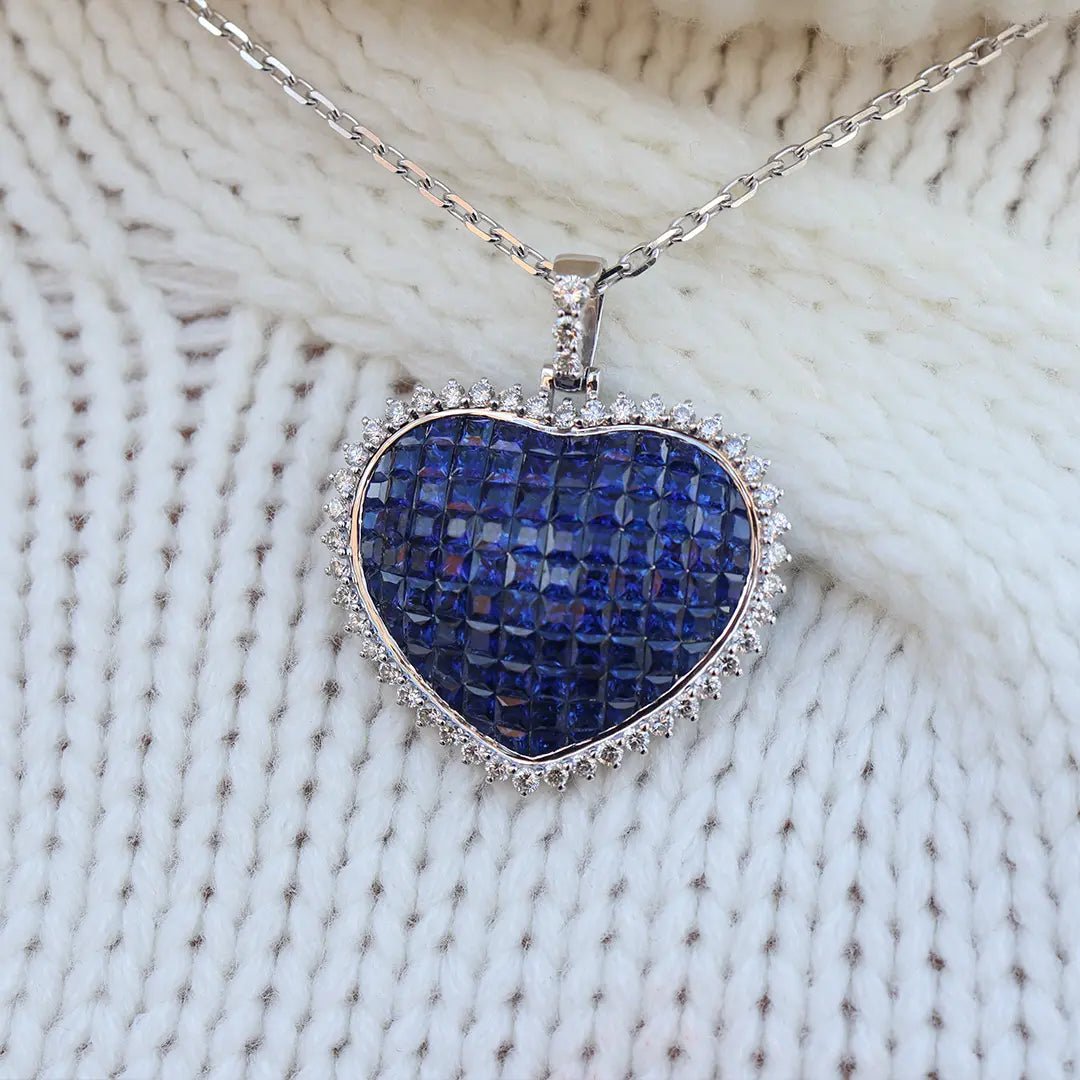 Invisible Set Blue Sapphire and Diamond Burst Halo Pendant w/Chain - Park City Jewelers