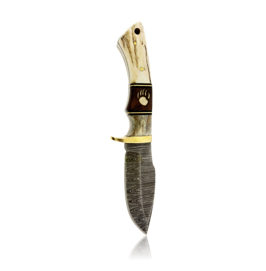 Large Damascus Hunting Knife with Antler & Sterling Silver Bear Paw Inlay - Park City Jewelers