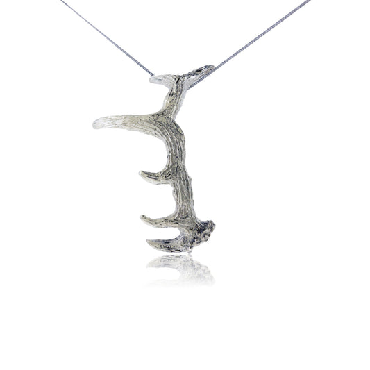 Large elk antler shed style pendant in silver, displayed on a white background with optional chain lengths available - Park City Jewelers