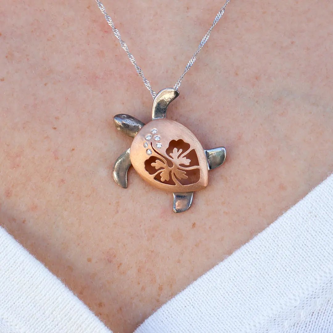 Larger Two Toned Turtle with Hibiscus Flower Pendant - Park City Jewelers