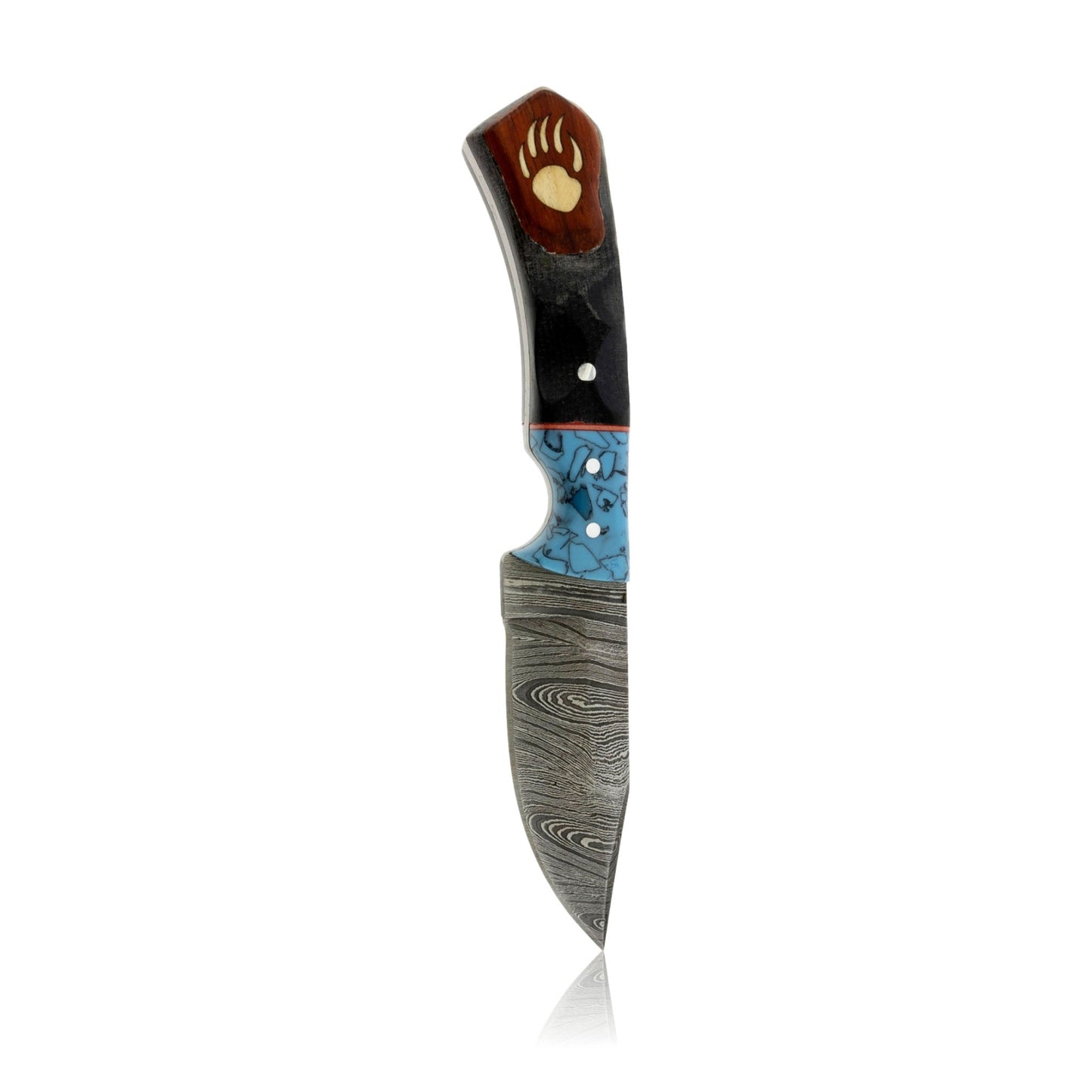Med Damascus Hunting Knife with Wood and Synthetic Turquoise and Bear Paw Inlay - Park City Jewelers