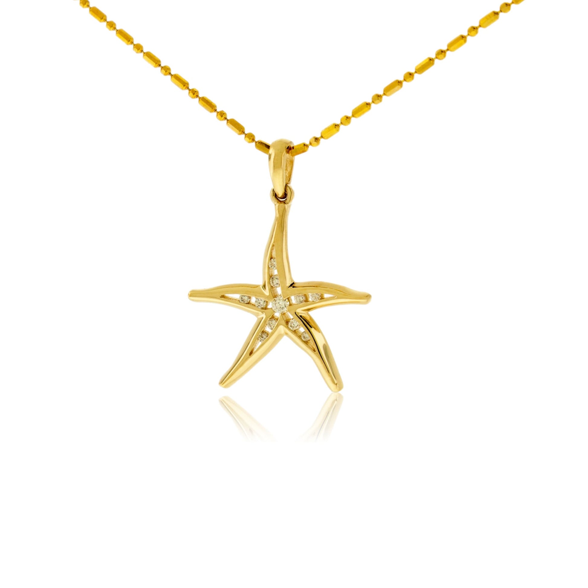 A 14K yellow gold starfish pendant with pavé-set diamonds in the center, hanging from a delicate gold beaded chain.