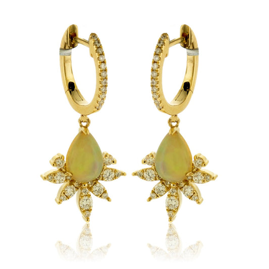 Opal Cabochon & Diamond Burst Drop Earrings - Park City Jewelers