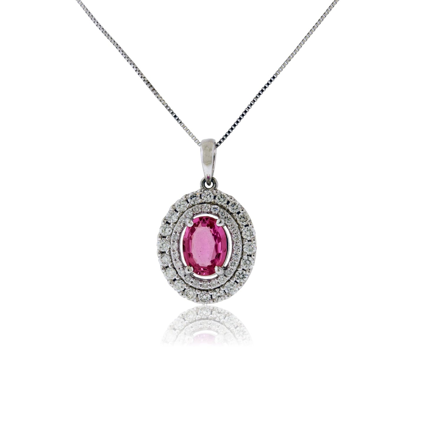 Oval Pink Sapphire & Diamond Double Halo Pendant - Park City Jewelers