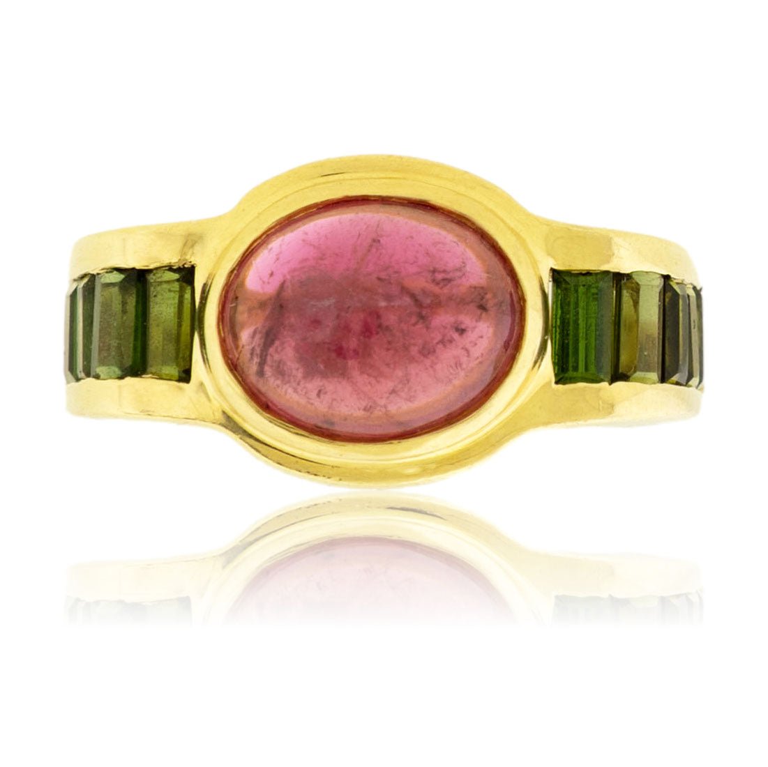 Oval Pink Tourmaline Cabochon with Green Tourmaline Accented Ring - Park City Jewelers