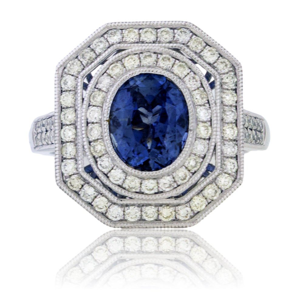 Oval Sapphire & Diamond Double Halo Shield Ring - Park City Jewelers