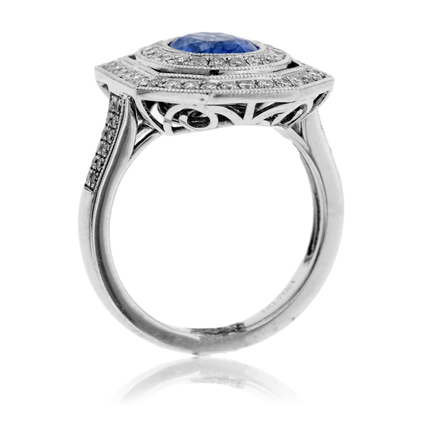 Oval Sapphire & Diamond Double Halo Shield Ring - Park City Jewelers