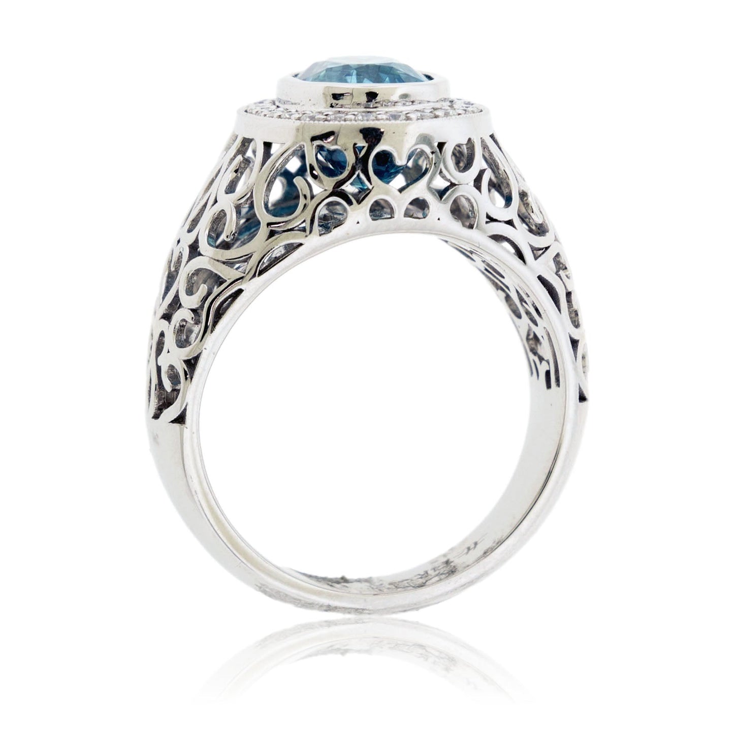 Oval Shaped Blue Zircon with Diamond Halo Filigree Ring - Park City Jewelers