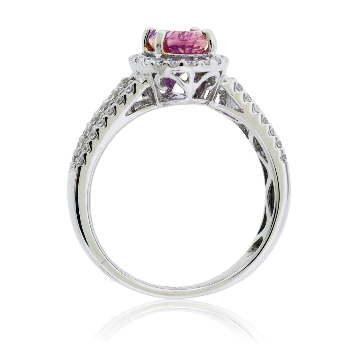 Oval Shaped Pink Sapphire Diamond Halo & Baguette Accent Ring - Park City Jewelers
