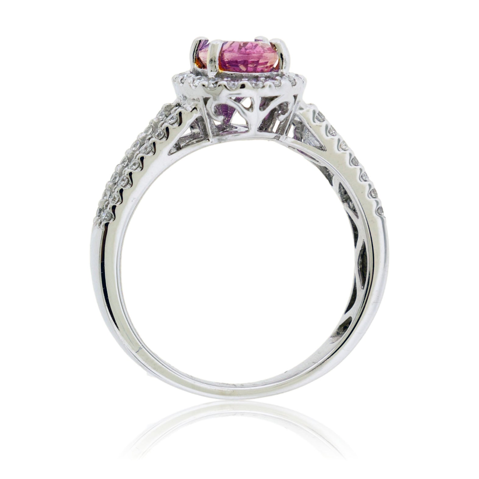 Oval Shaped Pink Sapphire Diamond Halo & Baguette Accent Ring - Park City Jewelers