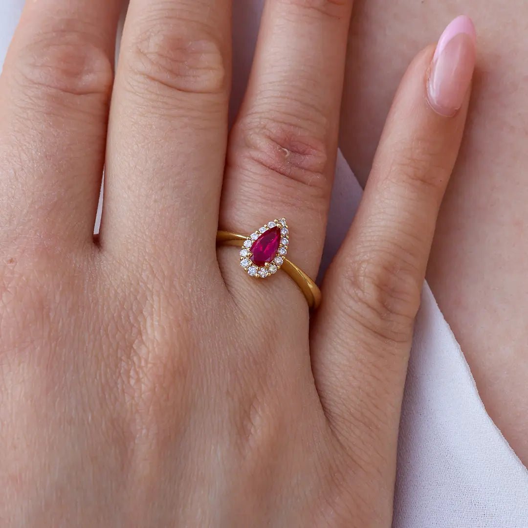 Pear Red Beryl Emerald & Diamond Halo Yellow Gold Ring - Park City Jewelers