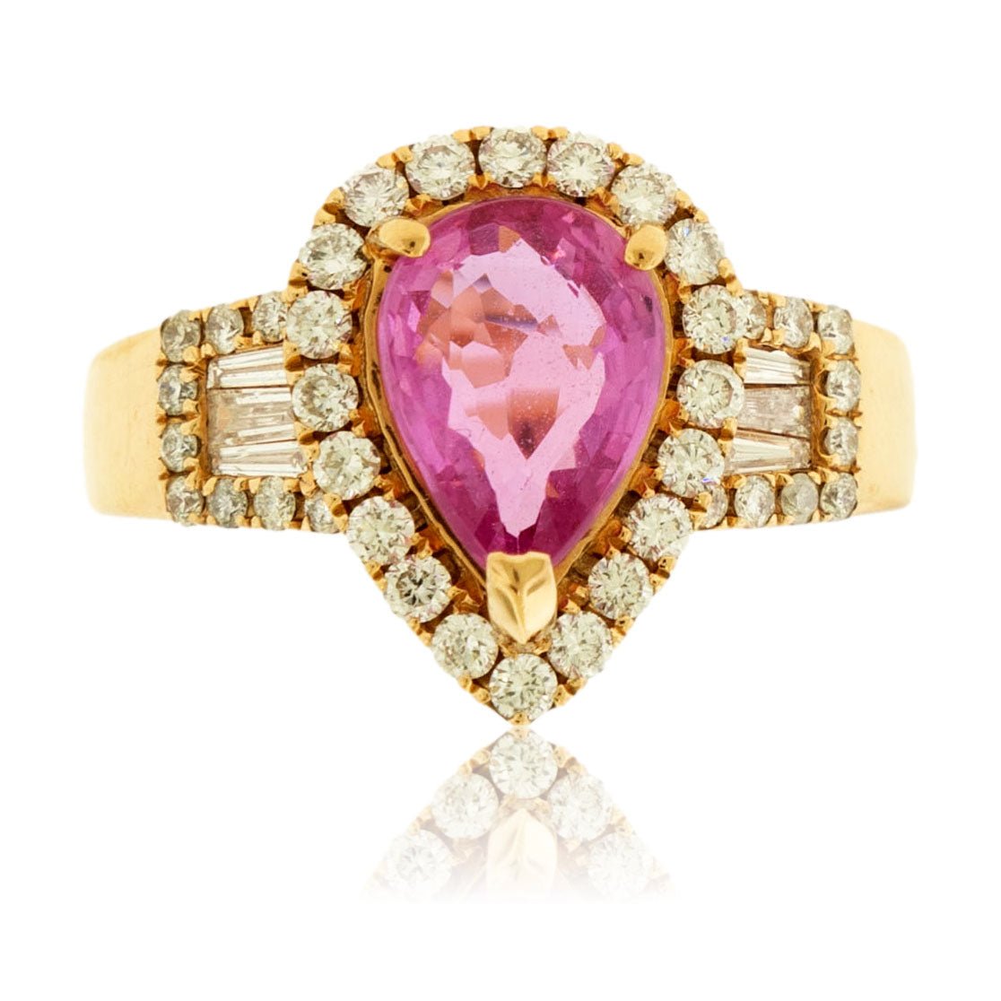 Pear - Shaped Pink Sapphire Diamond Halo & Baguette Accent Ring - Park City Jewelers