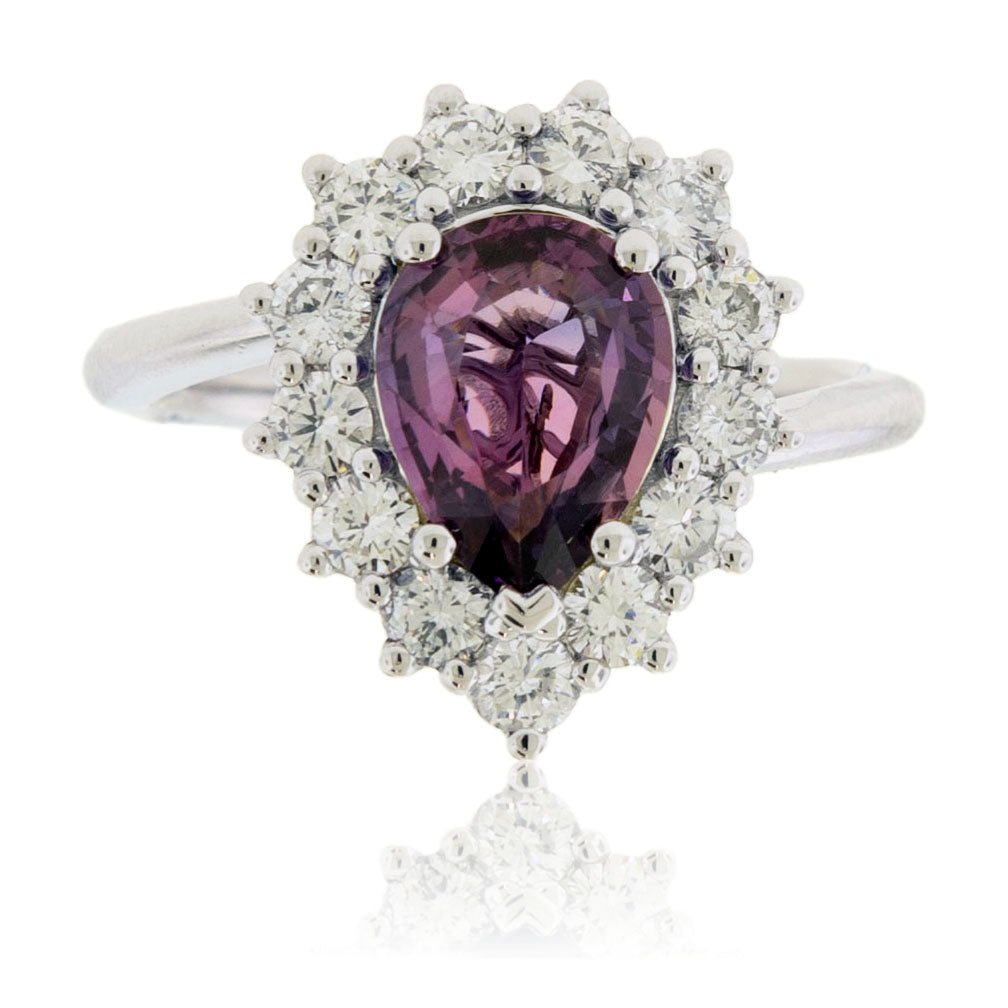 Pear - Shaped Purple Sapphire & Diamond Burst Halo Ring - Park City Jewelers