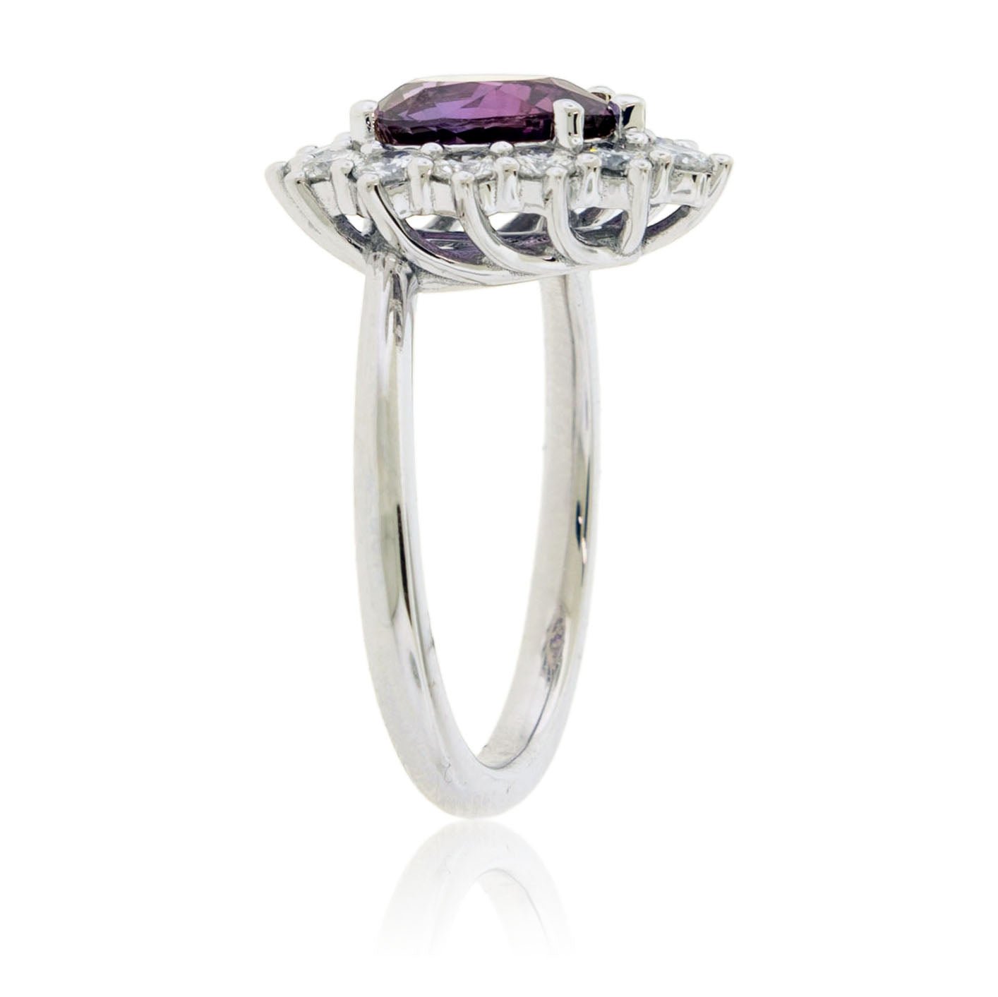 Pear - Shaped Purple Sapphire & Diamond Burst Halo Ring - Park City Jewelers