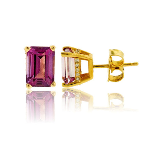 Pink Topaz & Diamond Emerald Cut Post Stud Earrings - Park City Jewelers