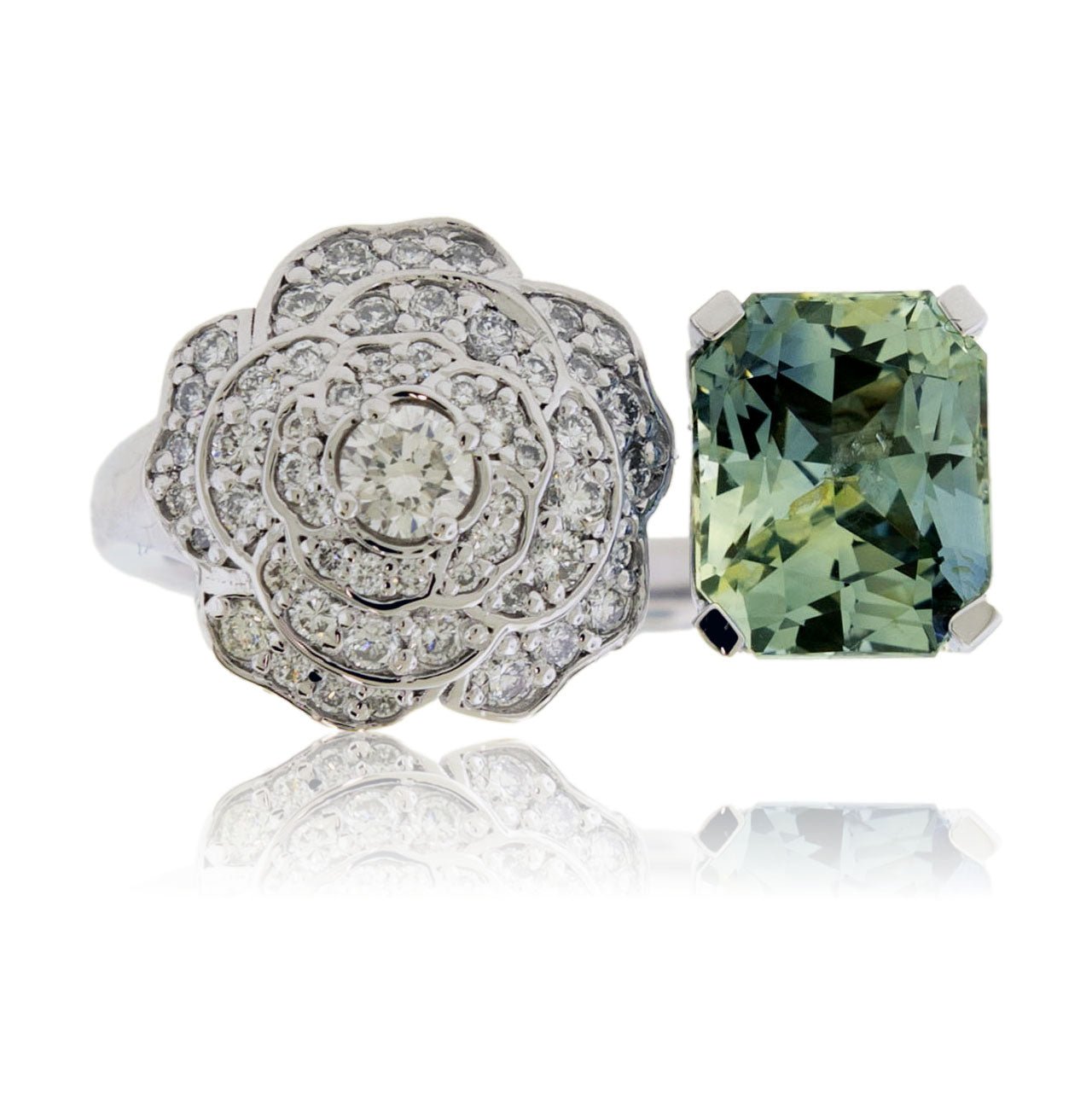 Radiant Cut No Heat Sapphire with Diamond Flower Ring - Park City Jewelers