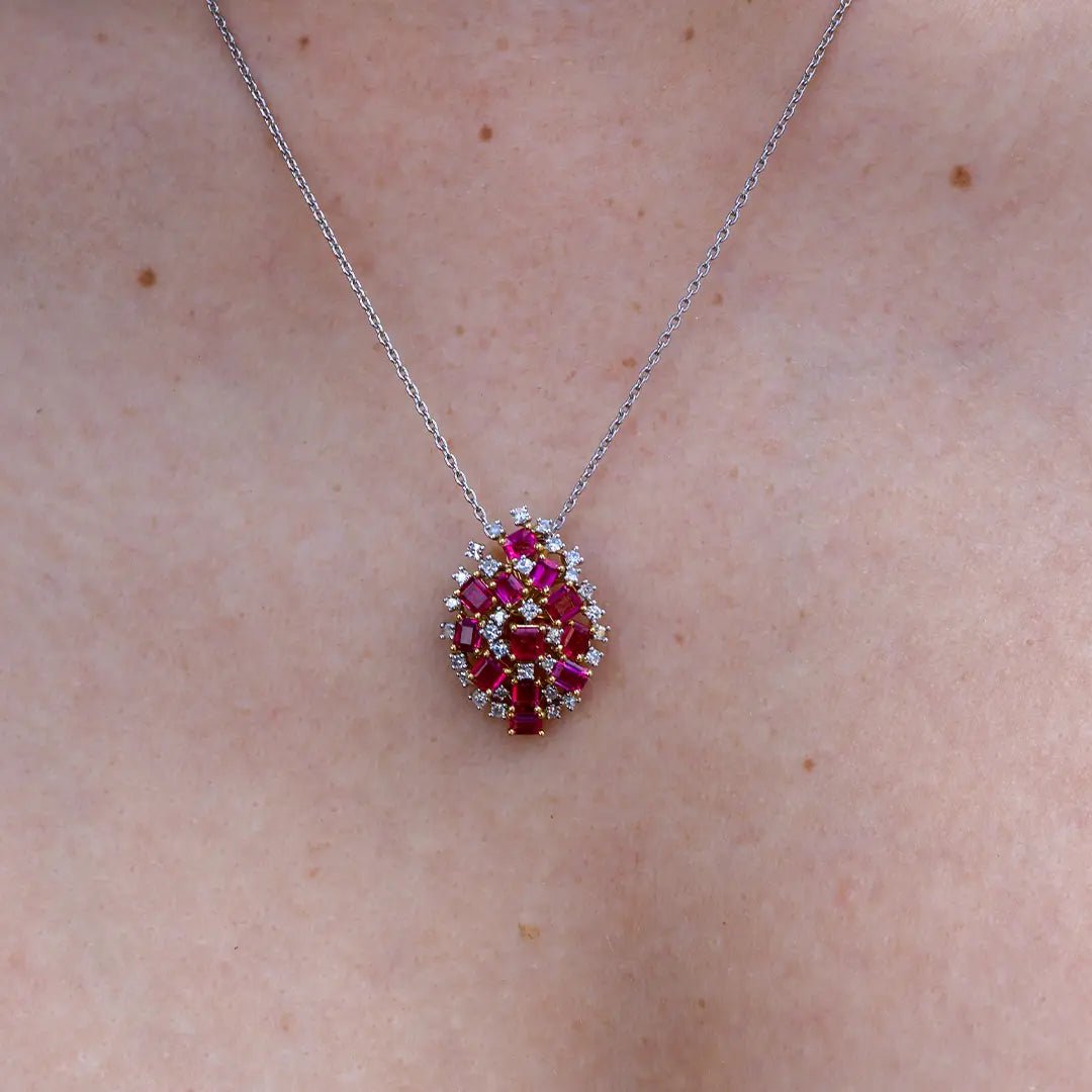 Rare Red Emerald Cluster Style Pendant with Diamond Accents - Park City Jewelers