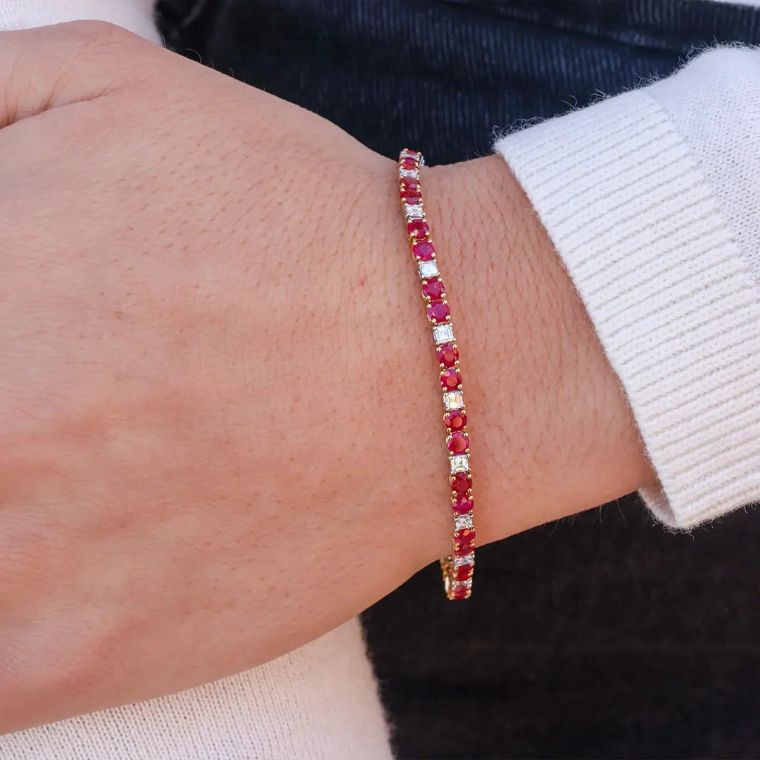 Red Beryl & Diamond Yellow Gold Bracelet - Park City Jewelers
