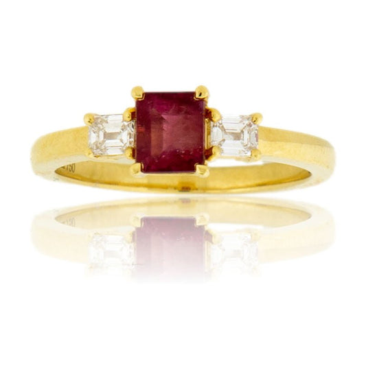 Red Beryl Emerald & Round Diamond Yellow Gold Ring - Park City Jewelers