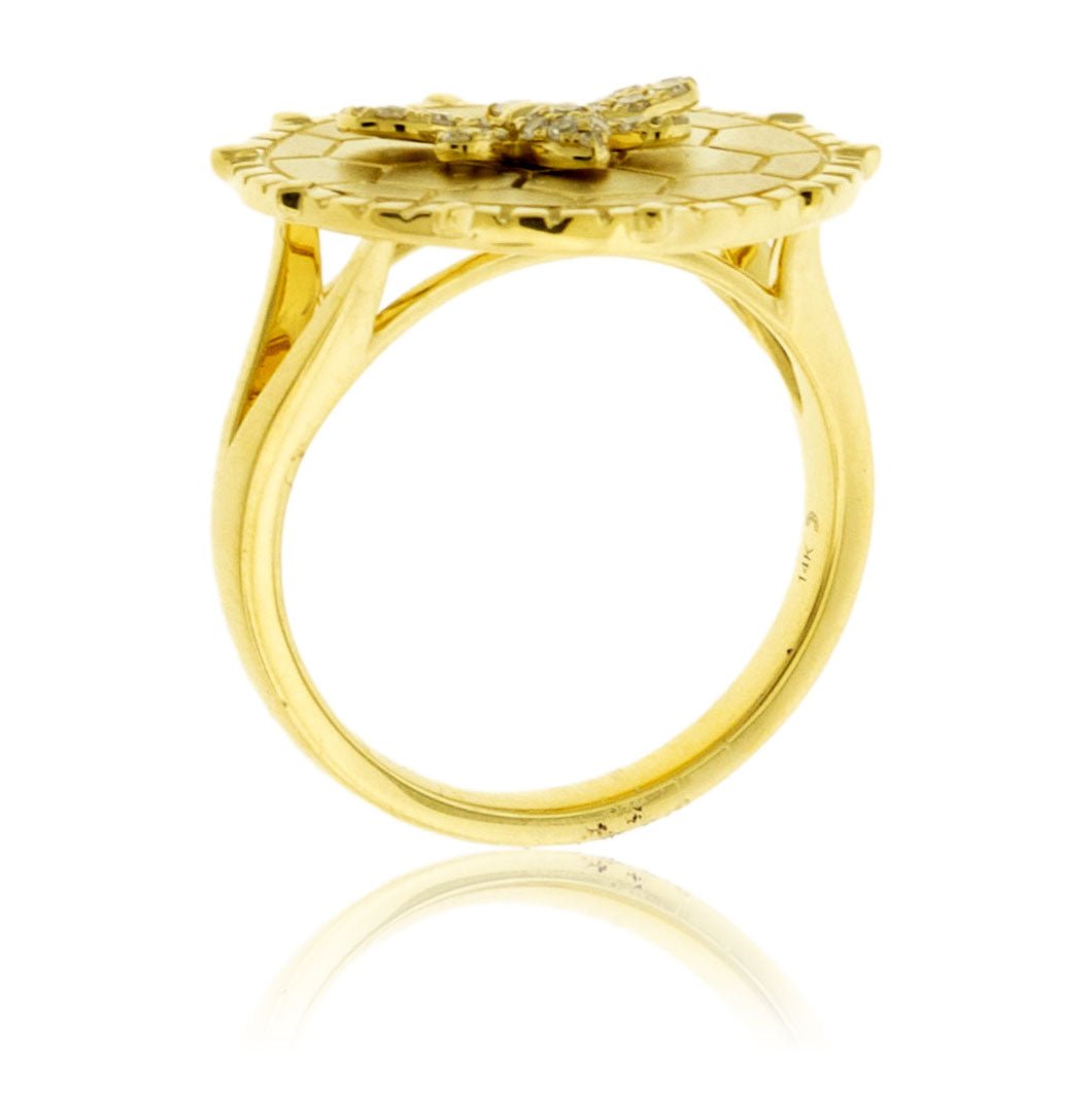 Satin Finish Flush Set Diamond Bee & Honeycomb Disc Ring - Park City Jewelers