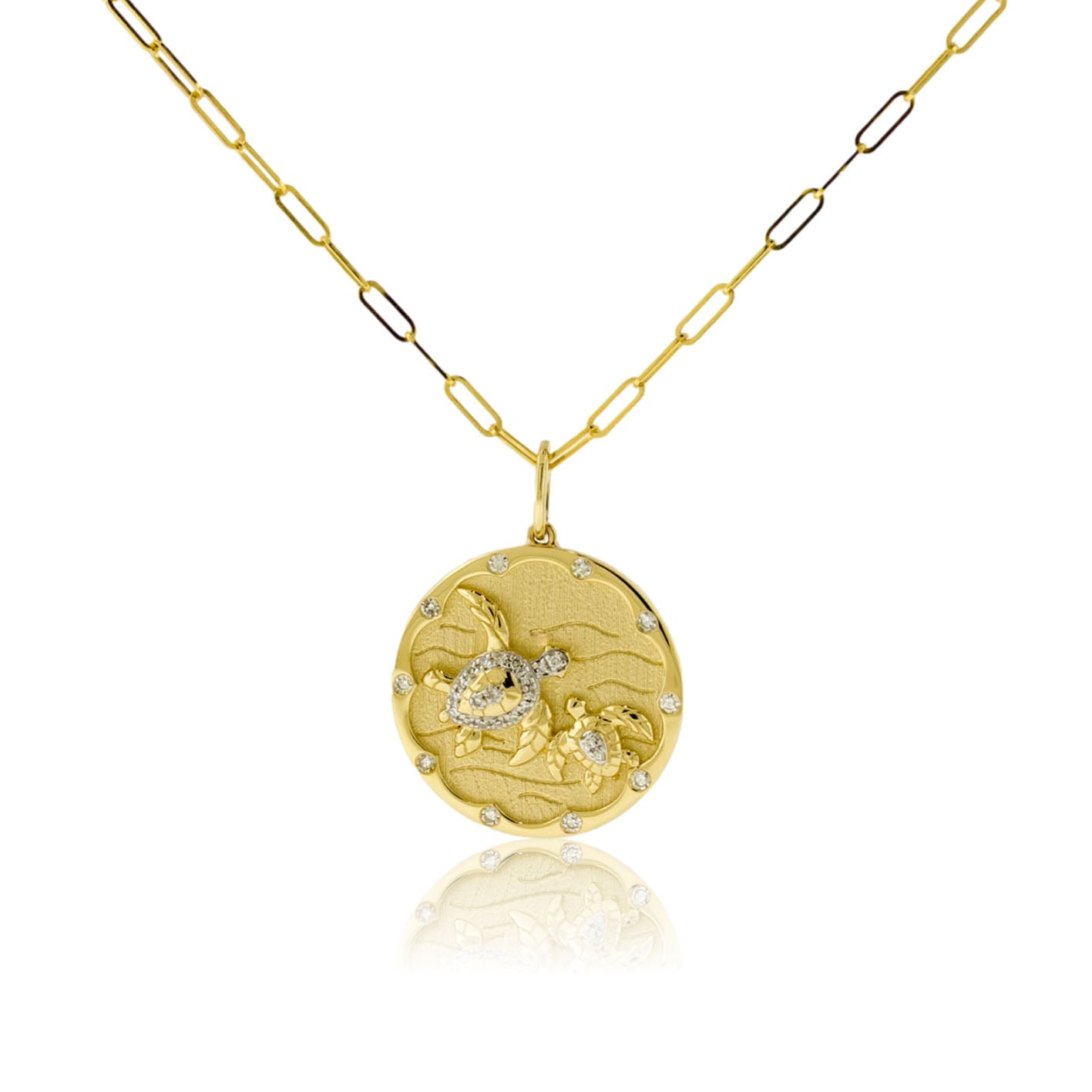 Satin Finish Flush Set Diamond Sea Turtle Disc Pendant - Park City Jewelers