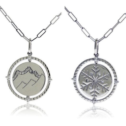 Satin Finish Flush Set Diamond Snowflake and Mountain Reversible Disc Pendant - Park City Jewelers