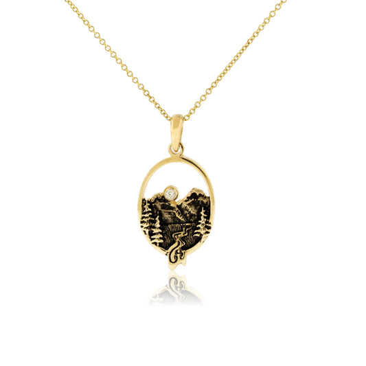 Small Oval Mountain Scene with Tree & River Pendant - Park City Jewelers