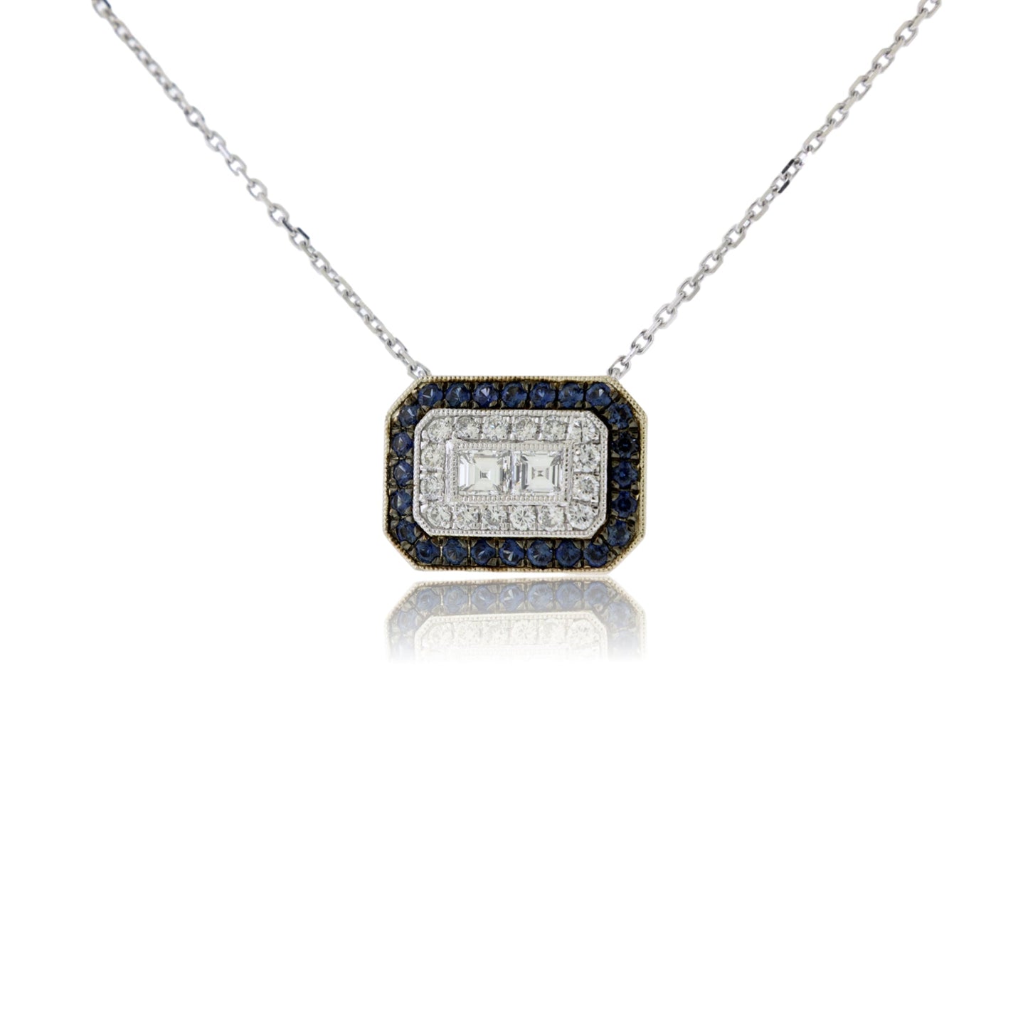 Square Diamond with Diamond & Blue Sapphire Double Halo Necklace - Park City Jewelers