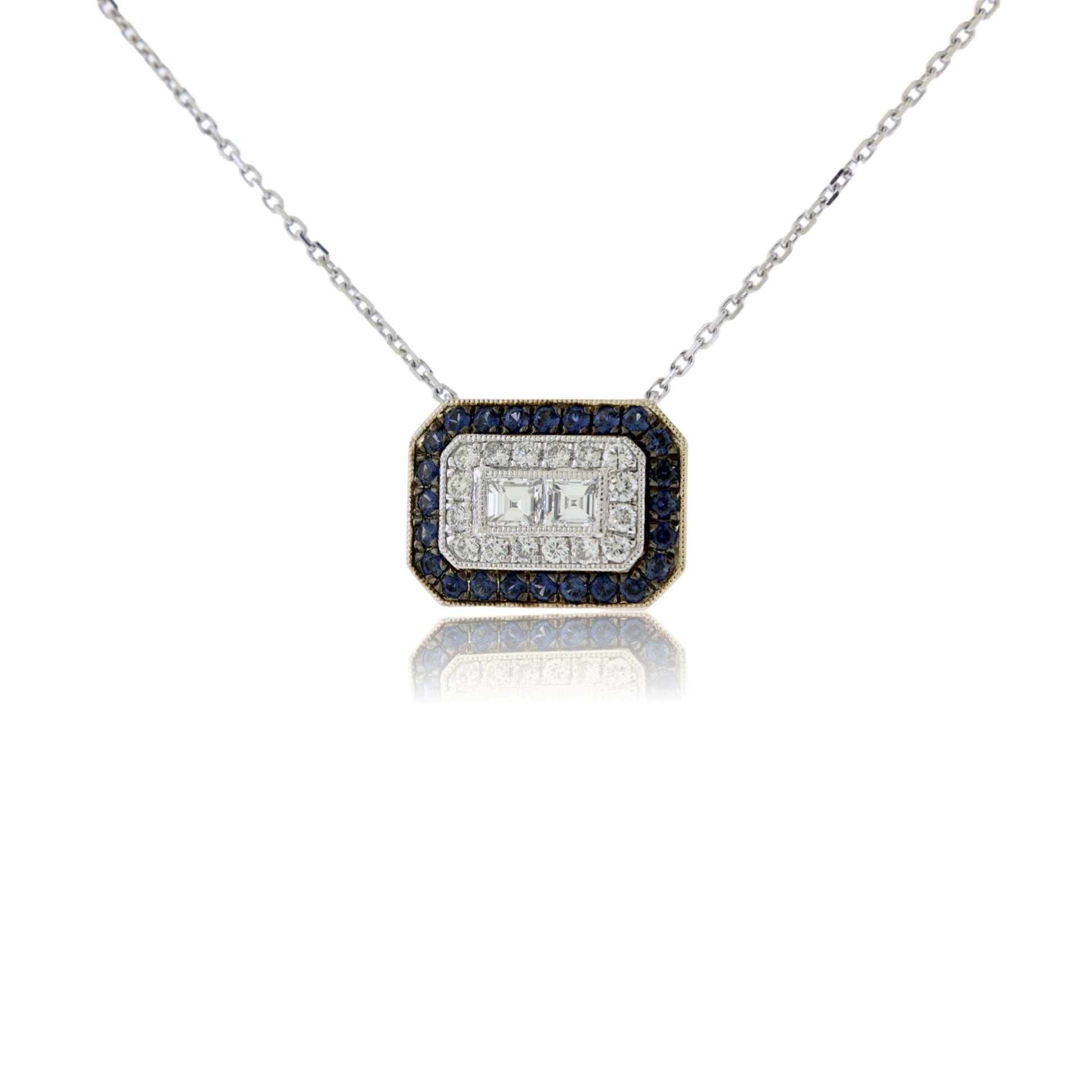 Square Diamond with Diamond & Blue Sapphire Double Halo Necklace - Park City Jewelers