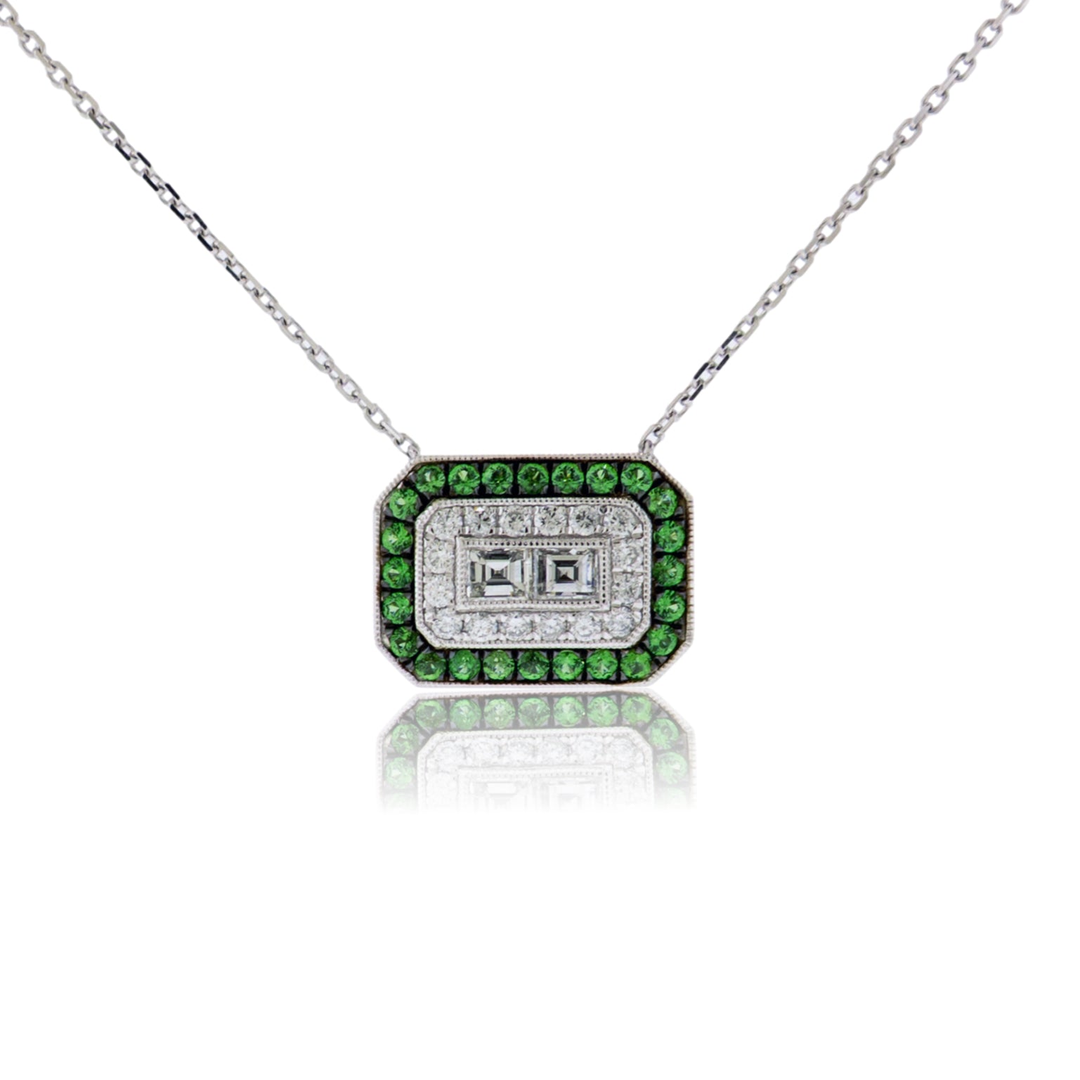 Square Diamond with Diamond & Tsavorite Garnet Double Halo Necklace - Park City Jewelers