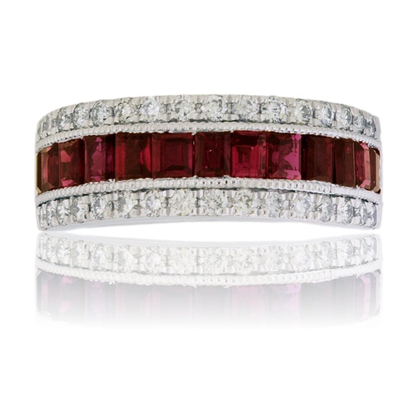 Step Cut Ruby and Diamond Lined Milgrain Ring - Park City Jewelers