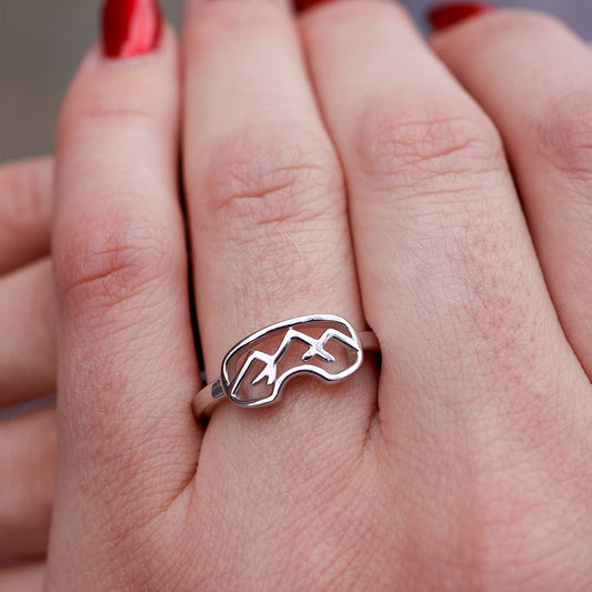 Woman Wearing Sterling Silver or Gold Goggles Ring - Park City Jewelers