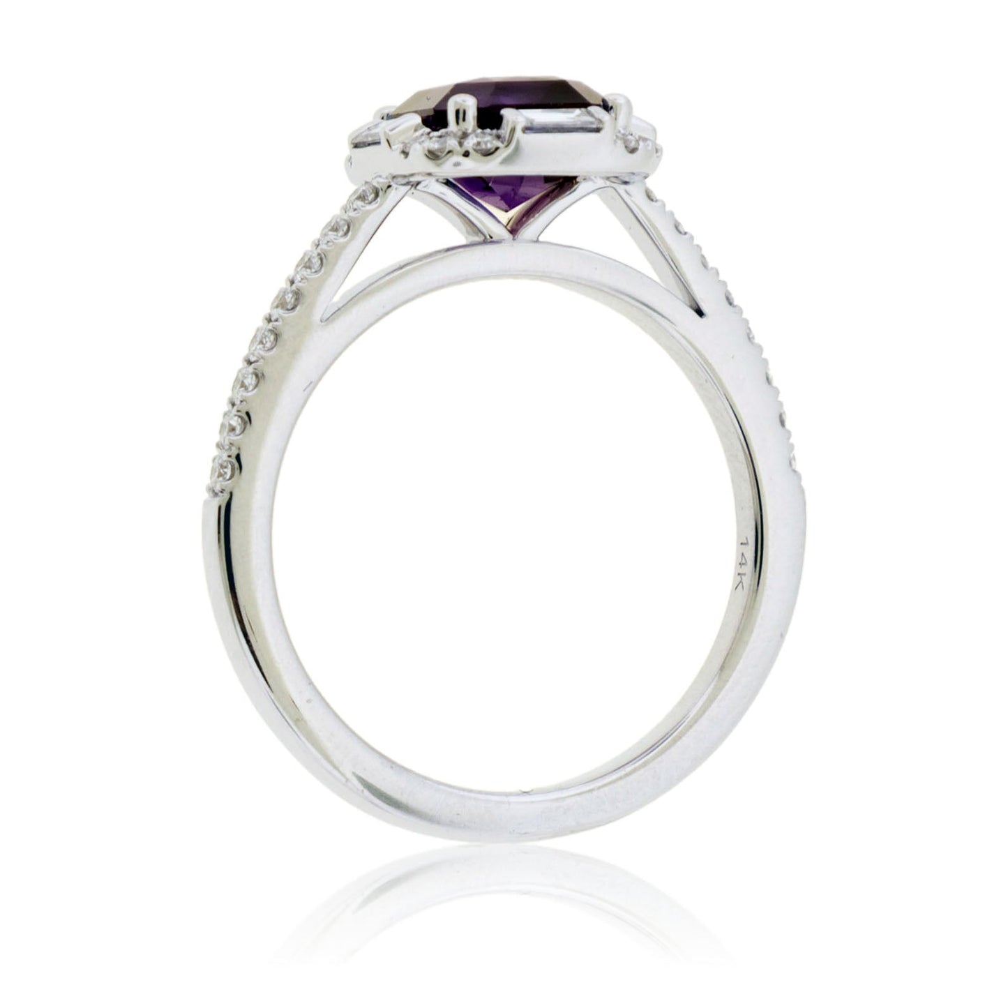 Side profile of the purple sapphire halo ring, showing the pavé diamond band and the cathedral-style white gold setting.