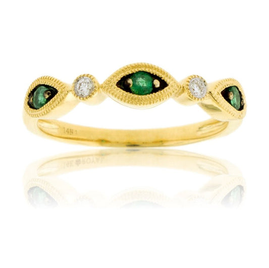 Three Round Emerald & Diamond Accented Milgrain Ring - Park City Jewelers