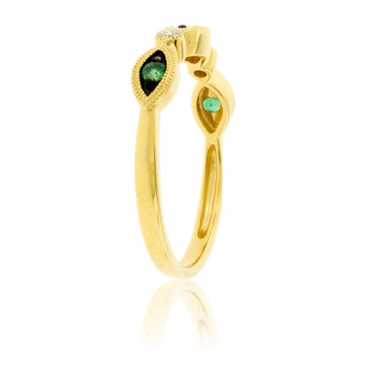 Three Round Emerald & Diamond Accented Milgrain Ring - Park City Jewelers