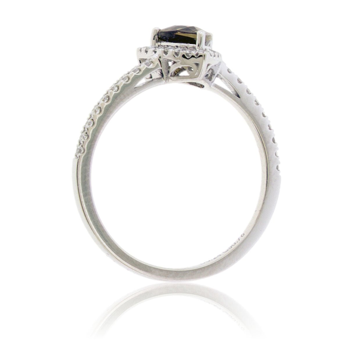 A 14K white gold ring featuring a trillion-cut alexandrite with a brownish-green color, surrounded by a diamond halo on a delicate, pavé-set diamond band back view.
