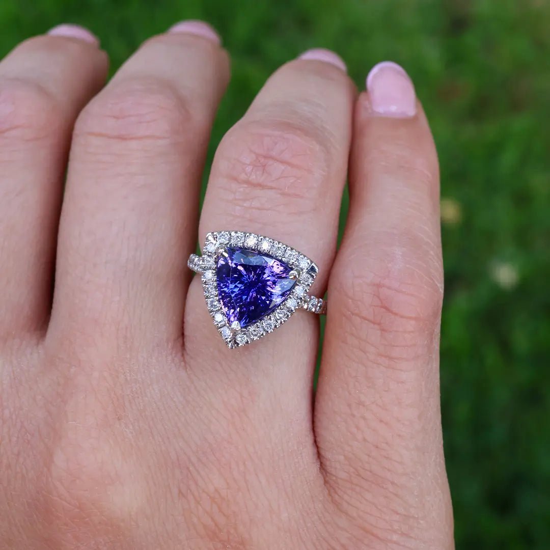 Trillion Tanzanite and Diamond Halo Ring - Park City Jewelers