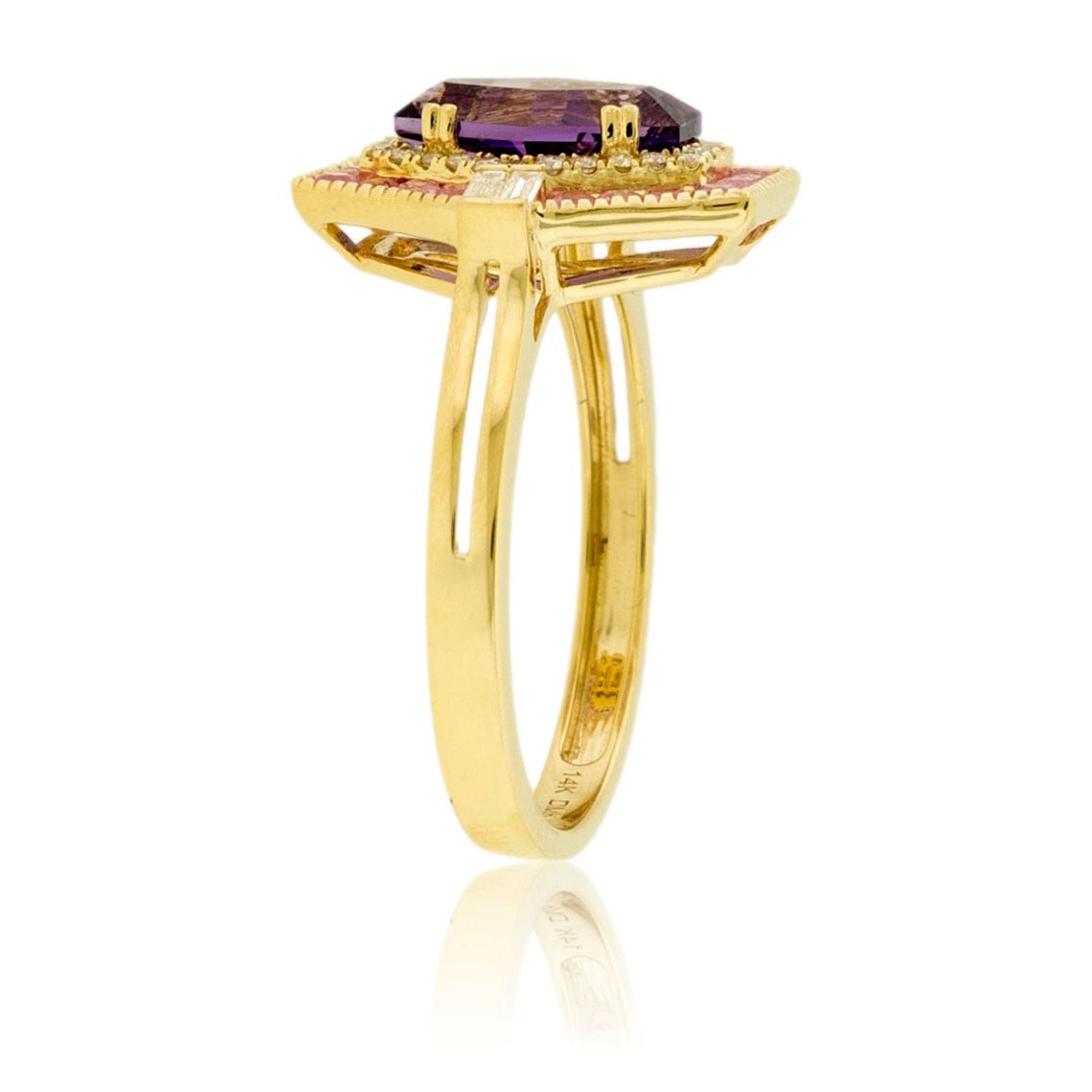 Unique Cut Amethyst with Pink Sapphire and Diamond Double Halo - Park City Jewelers