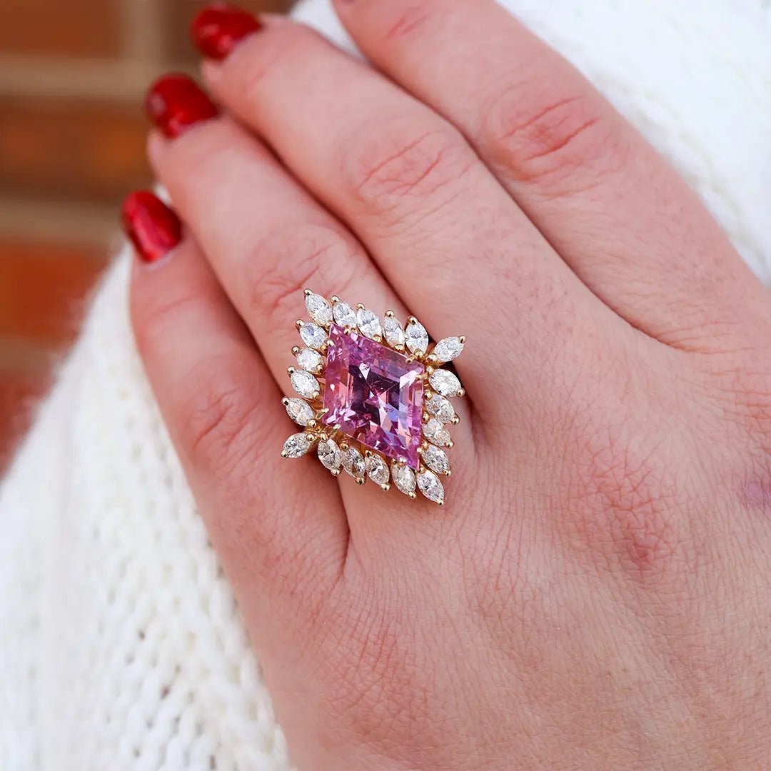 Unique Cut Pink Sapphire with Marquise Halo Ring - Park City Jewelers