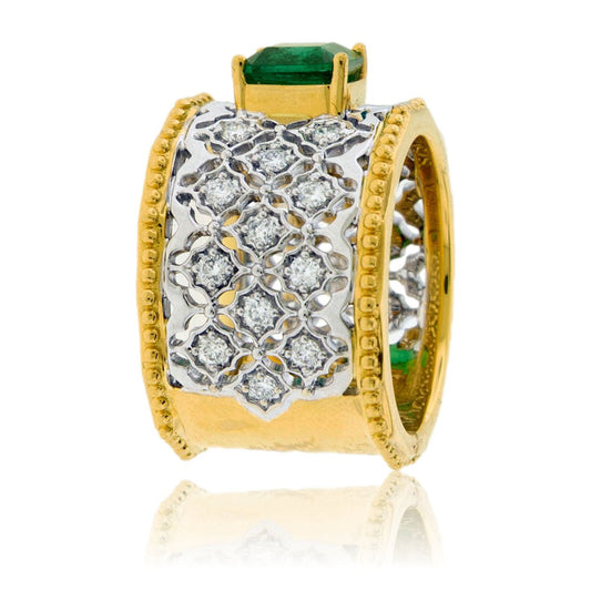 Wide Two Toned Emerald Ring with Diamond Accents - Park City Jewelers