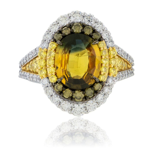 Yellow and Blue Zoned Sapphire with Yellow, Green and White Diamond Accents - Park City Jewelers