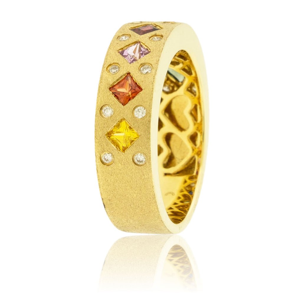 Yellow Gold Satin Finish Bezel Set Rainbow Sapphire Ring - Park City Jewelers