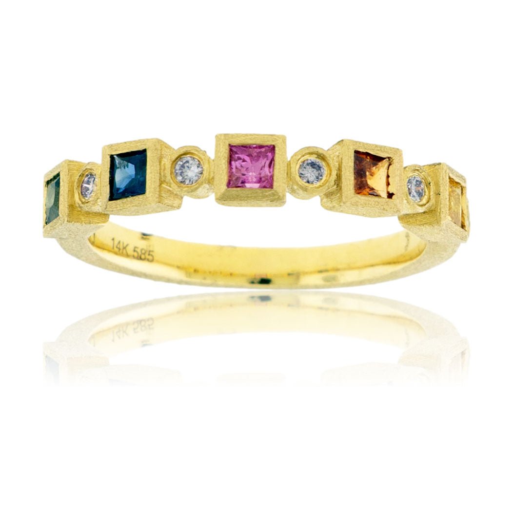 Yellow Gold Satin Finish Bezel Set Rainbow Sapphire Ring - Park City Jewelers