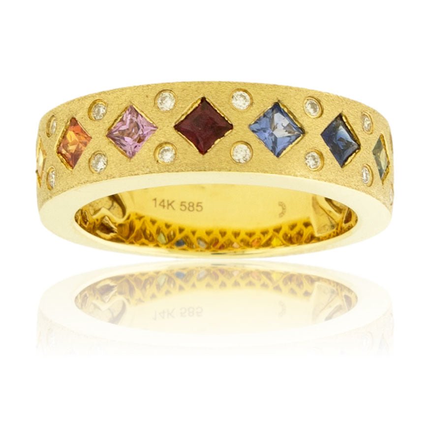 Yellow Gold Satin Finish Bezel Set Rainbow Sapphire Ring - Park City Jewelers