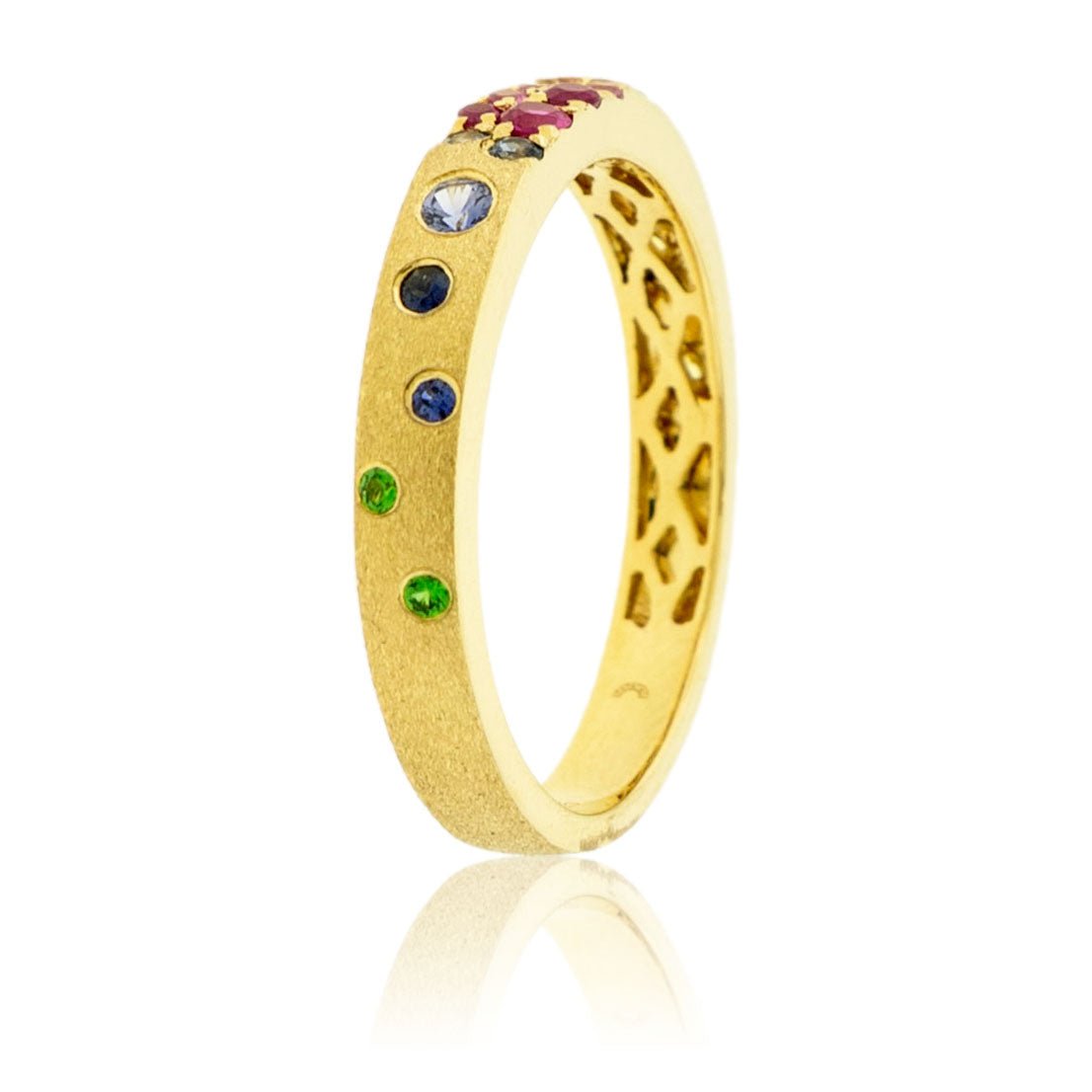 Yellow Gold Satin Finish Flush Set Rainbow Sapphire Ring - Park City Jewelers