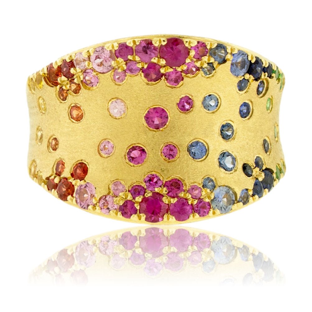 Yellow Gold Satin Finish Flush Set Rainbow Sapphire Ring - Park City Jewelers