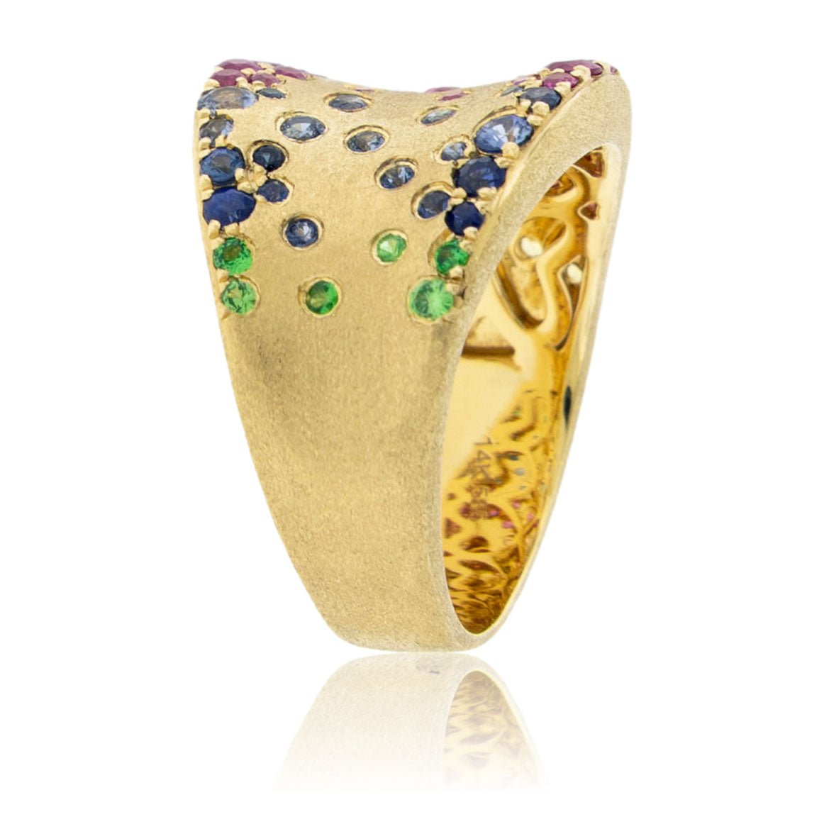 Yellow Gold Satin Finish Flush Set Rainbow Sapphire Ring - Park City Jewelers