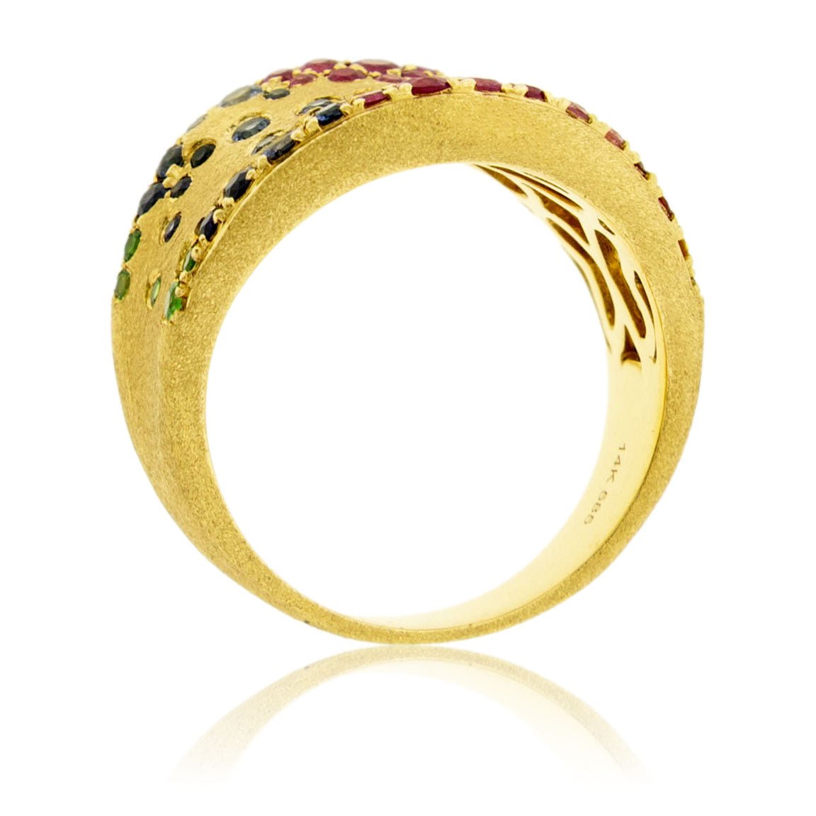 Yellow Gold Satin Finish Flush Set Rainbow Sapphire Ring - Park City Jewelers