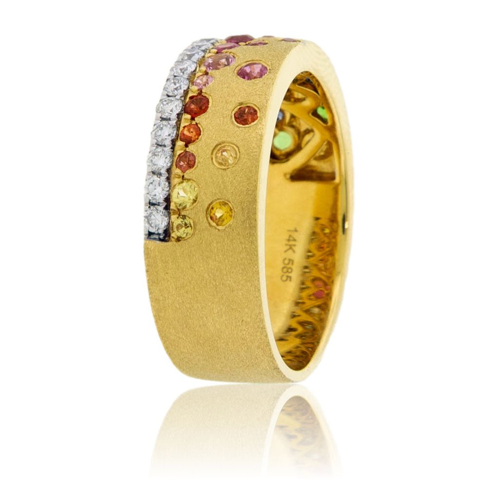 Yellow Gold Satin Finish Flush Set Rainbow Sapphire with Diamond Ring - Park City Jewelers