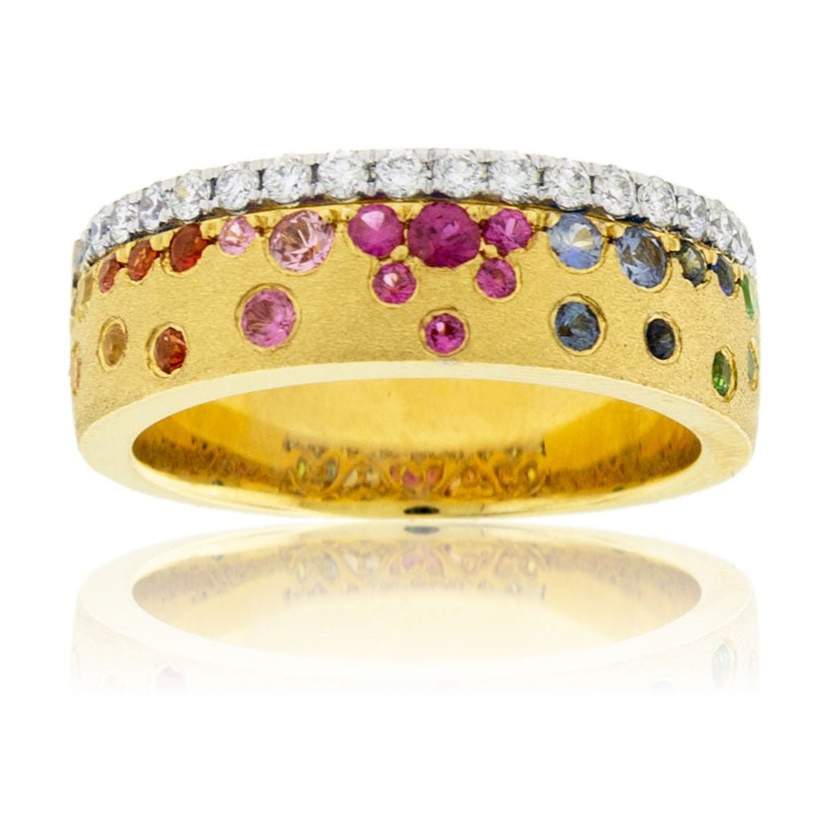 Yellow Gold Satin Finish Flush Set Rainbow Sapphire with Diamond Ring - Park City Jewelers